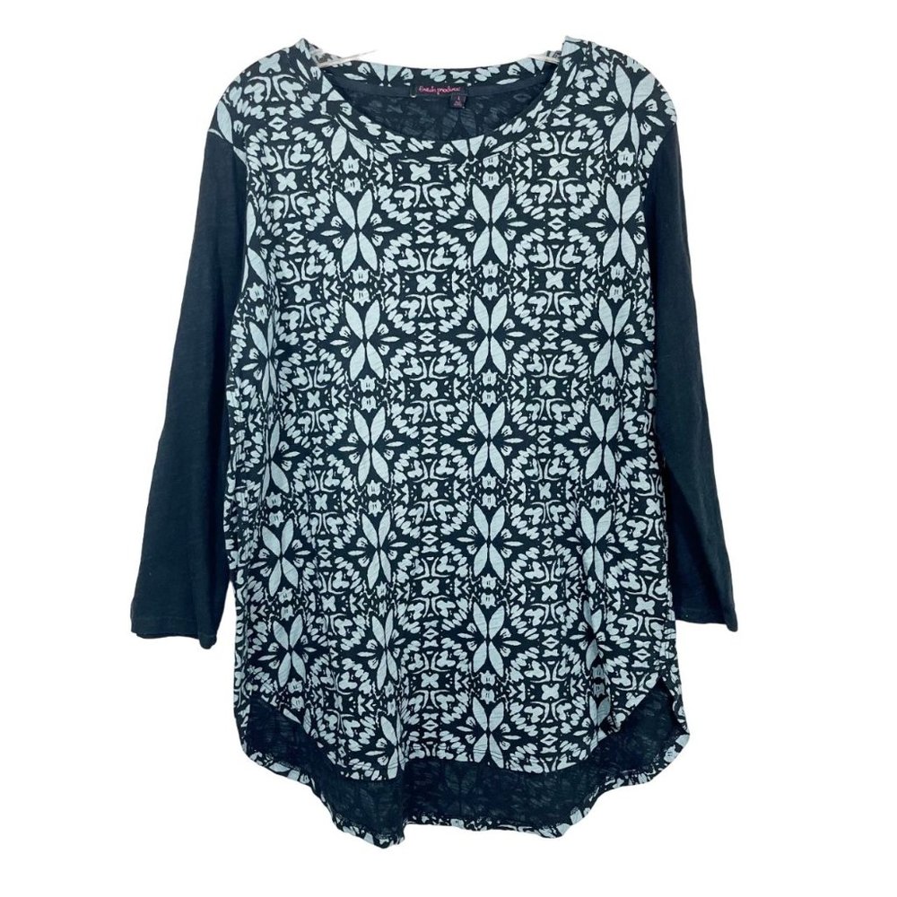 Fresh Produce Black & Blue Print Long Sleeve Shirt High Low - Size Large